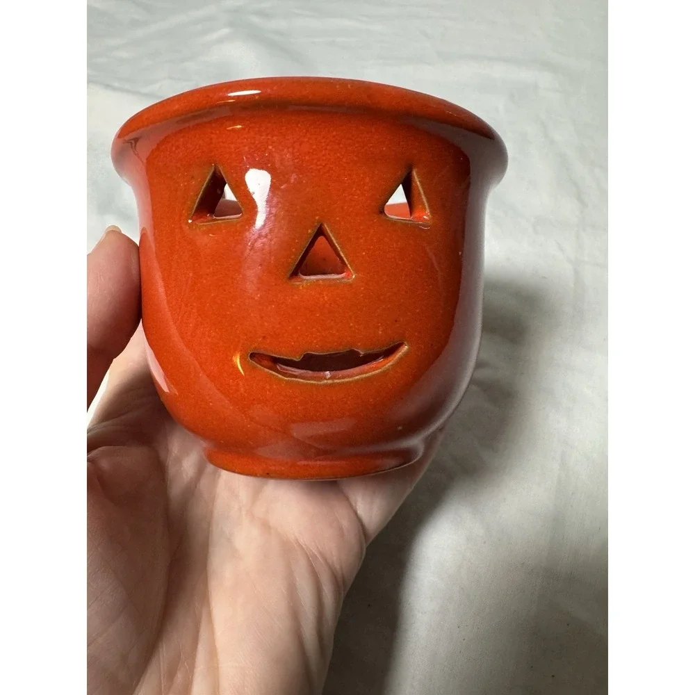 Jack-O-Lantern Halloween Pumpkin Ceramic Candle Holder Orange Pier1 Vintage
